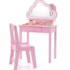 Kinder Schminktisch mit Beleuchtung Wolken-Spiegel 3 Schmuckhaken für Kinder von 3-6 Jahren Rosa