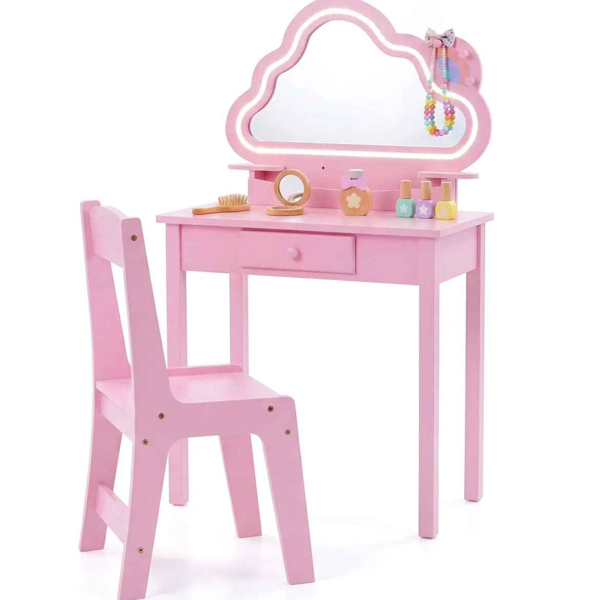 Kinder Schminktisch mit Beleuchtung Wolken-Spiegel 3 Schmuckhaken für Kinder von 3-6 Jahren Rosa