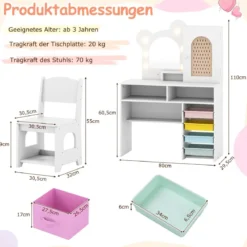 Kinder Schminktisch mit Beleuchtung Prinzessin Schminktisch & Stuhl Set mit 5 Schubladen & 2 Fächern Weiß