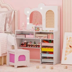 Kinder Schminktisch mit Beleuchtung Prinzessin Schminktisch & Stuhl Set mit 5 Schubladen & 2 Fächern Weiß