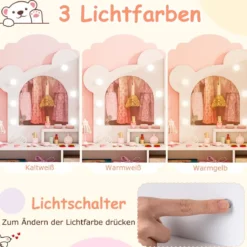 Kinder Schminktisch mit Beleuchtung Prinzessin Schminktisch & Stuhl Set mit 5 Schubladen & 2 Fächern Weiß