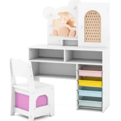 Kinder Schminktisch mit Beleuchtung Prinzessin Schminktisch & Stuhl Set mit 5 Schubladen & 2 Fächern Weiß