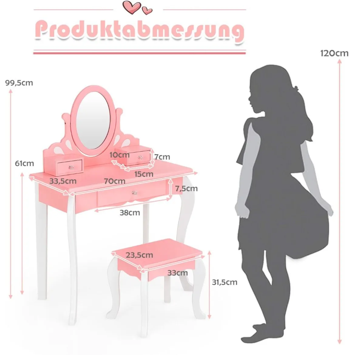 Kinder Schminktisch mit Hocker Prinzessin Frisiertisch mit 3 Schublade & Spiegel Weiß/Rosa