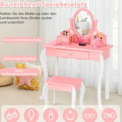 Kinder Schminktisch mit Hocker Prinzessin Frisiertisch mit 3 Schublade & Spiegel Weiß/Rosa