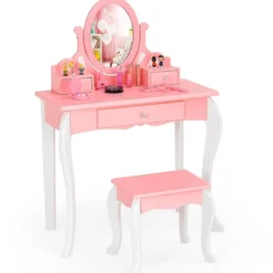 Kinder Schminktisch mit Hocker Prinzessin Frisiertisch mit 3 Schublade & Spiegel Weiß/Rosa