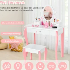 Kinder Schminktisch mit Hocker Prinzessin Frisiertisch mit 3 Schublade & Spiegel Weiß/Rosa