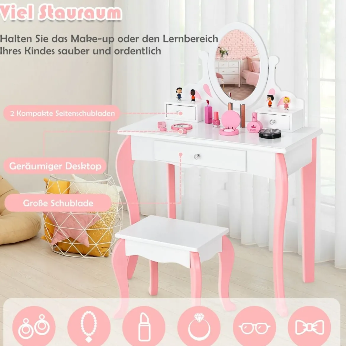 Kinder Schminktisch mit Hocker Prinzessin Frisiertisch mit 3 Schublade & Spiegel Weiß/Rosa