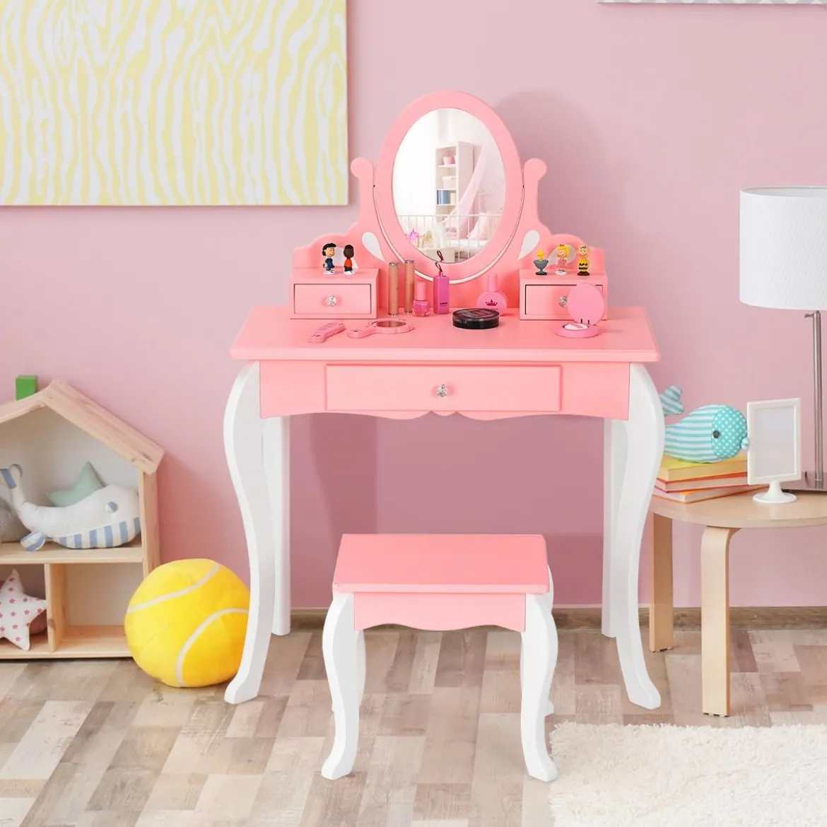 Kinder Schminktisch mit Hocker Prinzessin Frisiertisch mit 3 Schublade & Spiegel Weiß/Rosa