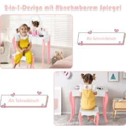 Kinder Schminktisch mit Hocker Prinzessin Frisiertisch mit 3 Schublade & Spiegel Weiß/Rosa