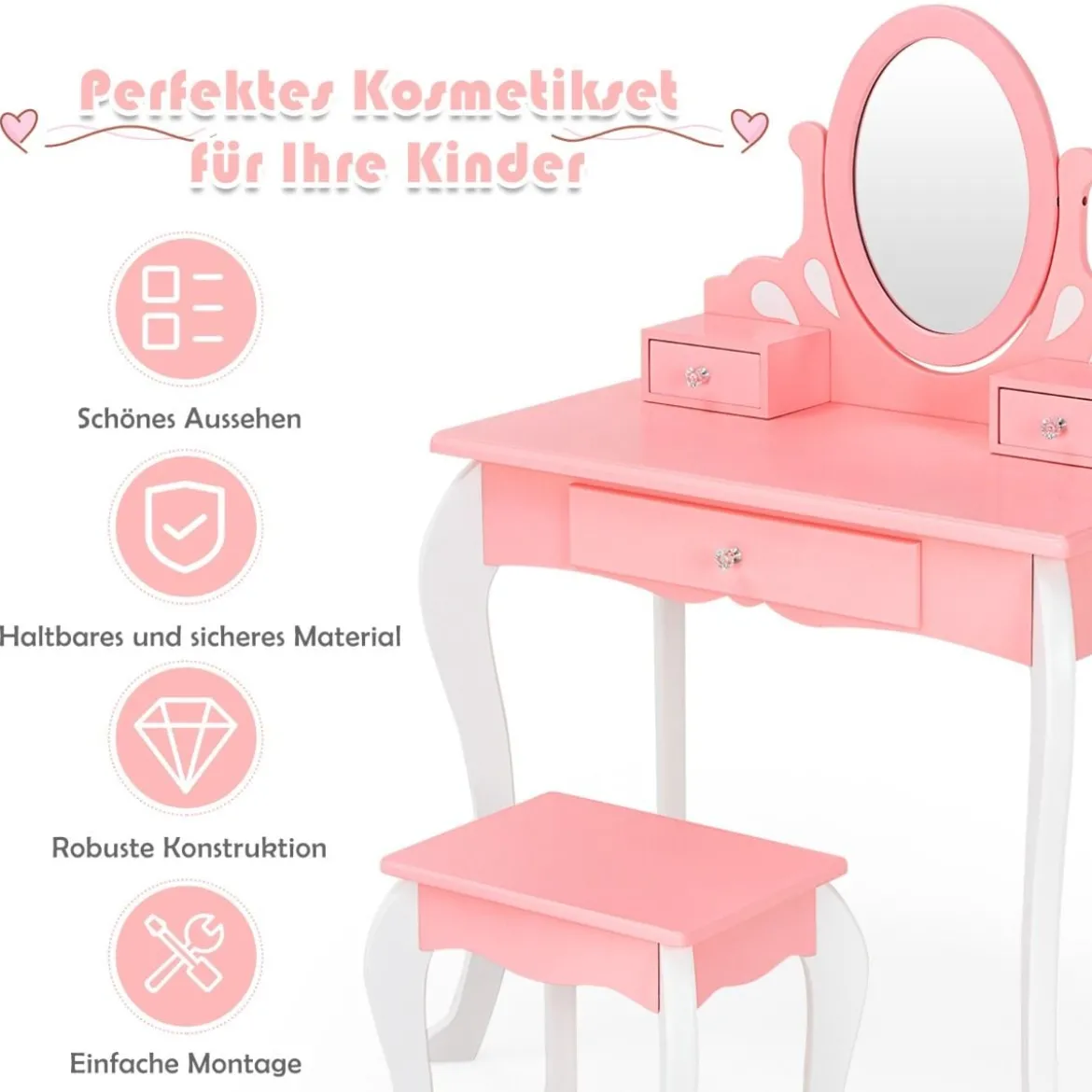 Kinder Schminktisch mit Hocker Prinzessin Frisiertisch mit 3 Schublade & Spiegel Weiß/Rosa