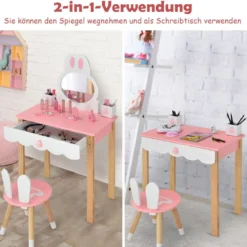 Kinder Schminktisch mit Hocker Prinzessin Schminkkommode 60 x 34 x 103 cm Rosa + Weiß