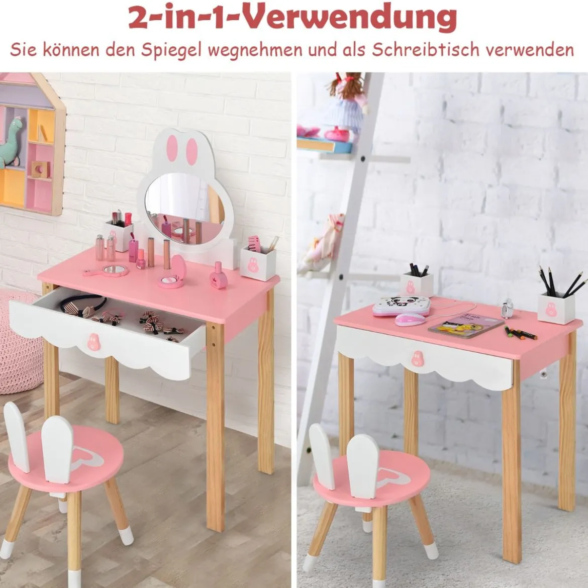 Kinder Schminktisch mit Hocker Prinzessin Schminkkommode 60 x 34 x 103 cm Rosa + Weiß