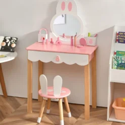 Kinder Schminktisch mit Hocker Prinzessin Schminkkommode 60 x 34 x 103 cm Rosa + Weiß