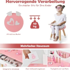 Kinder Schminktisch mit Hocker Prinzessin Schminkkommode 60 x 34 x 103 cm Rosa + Weiß
