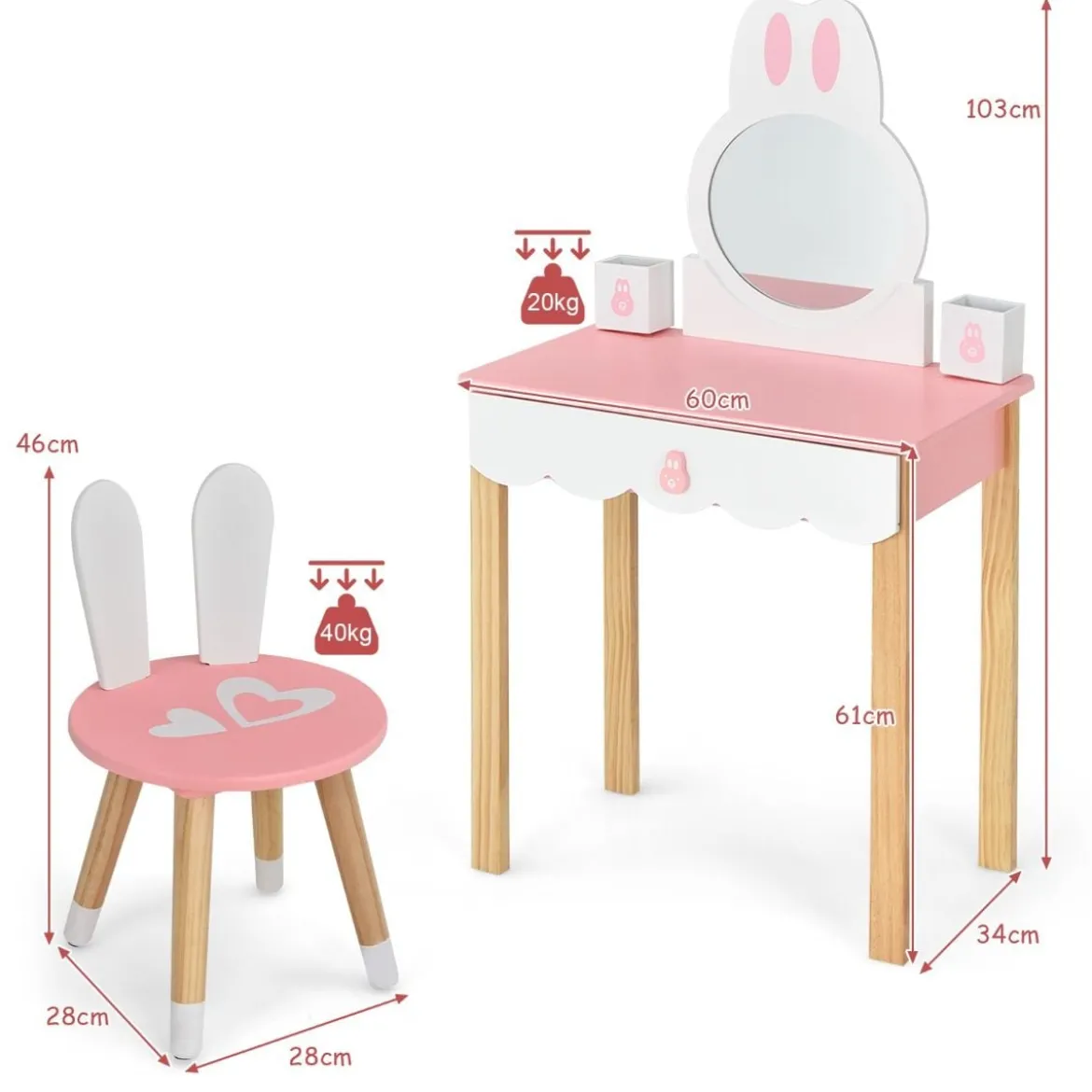 Kinder Schminktisch mit Hocker Prinzessin Schminkkommode 60 x 34 x 103 cm Rosa + Weiß