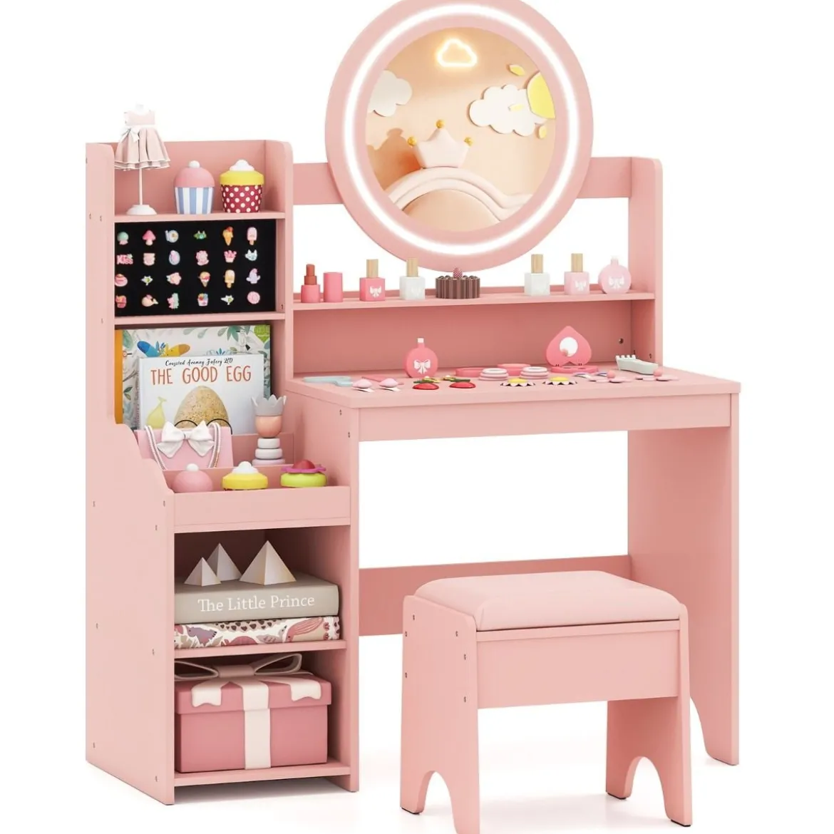 Kinder Schminktisch mit Spiegel & Licht Prinzessin Spieltisch mit Regal Ringschlitzen & gepolstertem Hocker Rosa
