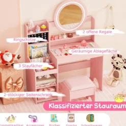 Kinder Schminktisch mit Spiegel & Licht Prinzessin Spieltisch mit Regal Ringschlitzen & gepolstertem Hocker Rosa