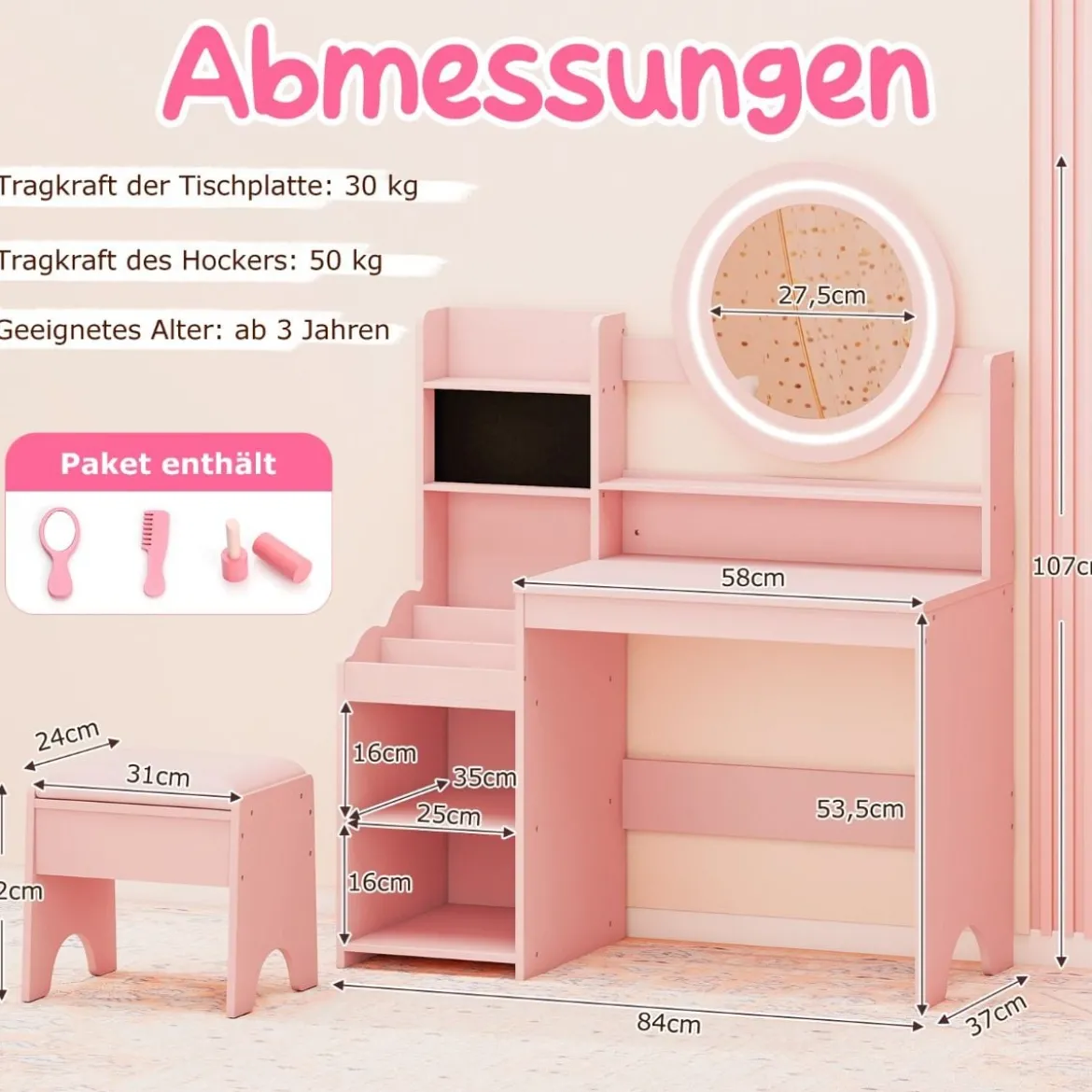 Kinder Schminktisch mit Spiegel & Licht Prinzessin Spieltisch mit Regal Ringschlitzen & gepolstertem Hocker Rosa