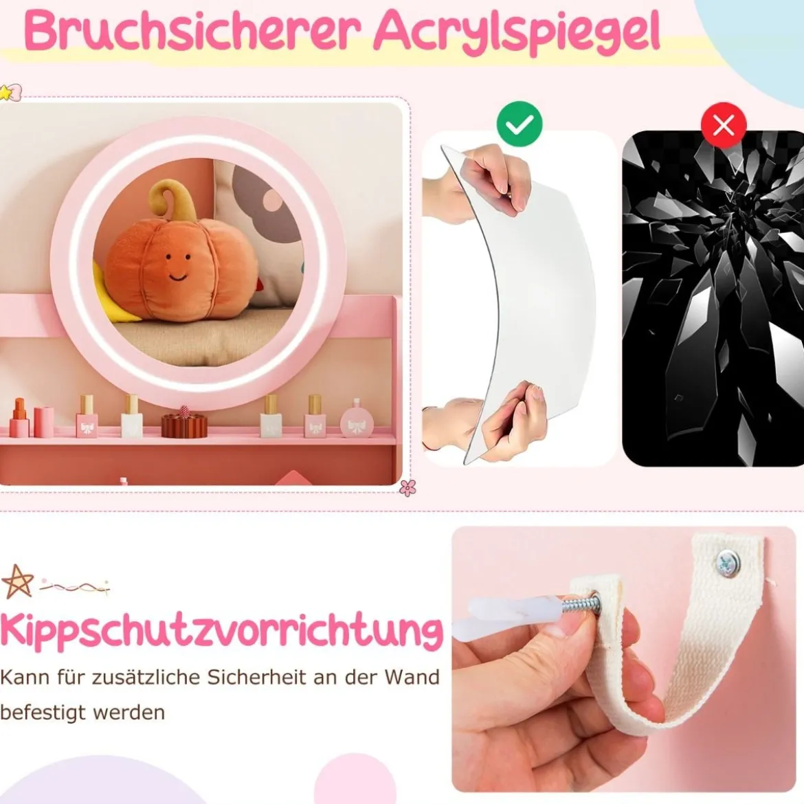 Kinder Schminktisch mit Spiegel & Licht Prinzessin Spieltisch mit Regal Ringschlitzen & gepolstertem Hocker Rosa
