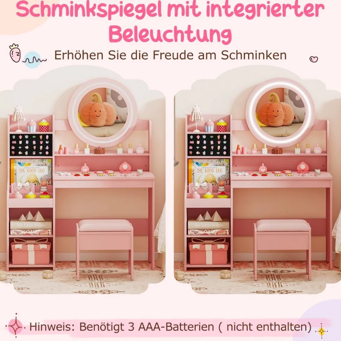 Kinder Schminktisch mit Spiegel & Licht Prinzessin Spieltisch mit Regal Ringschlitzen & gepolstertem Hocker Rosa