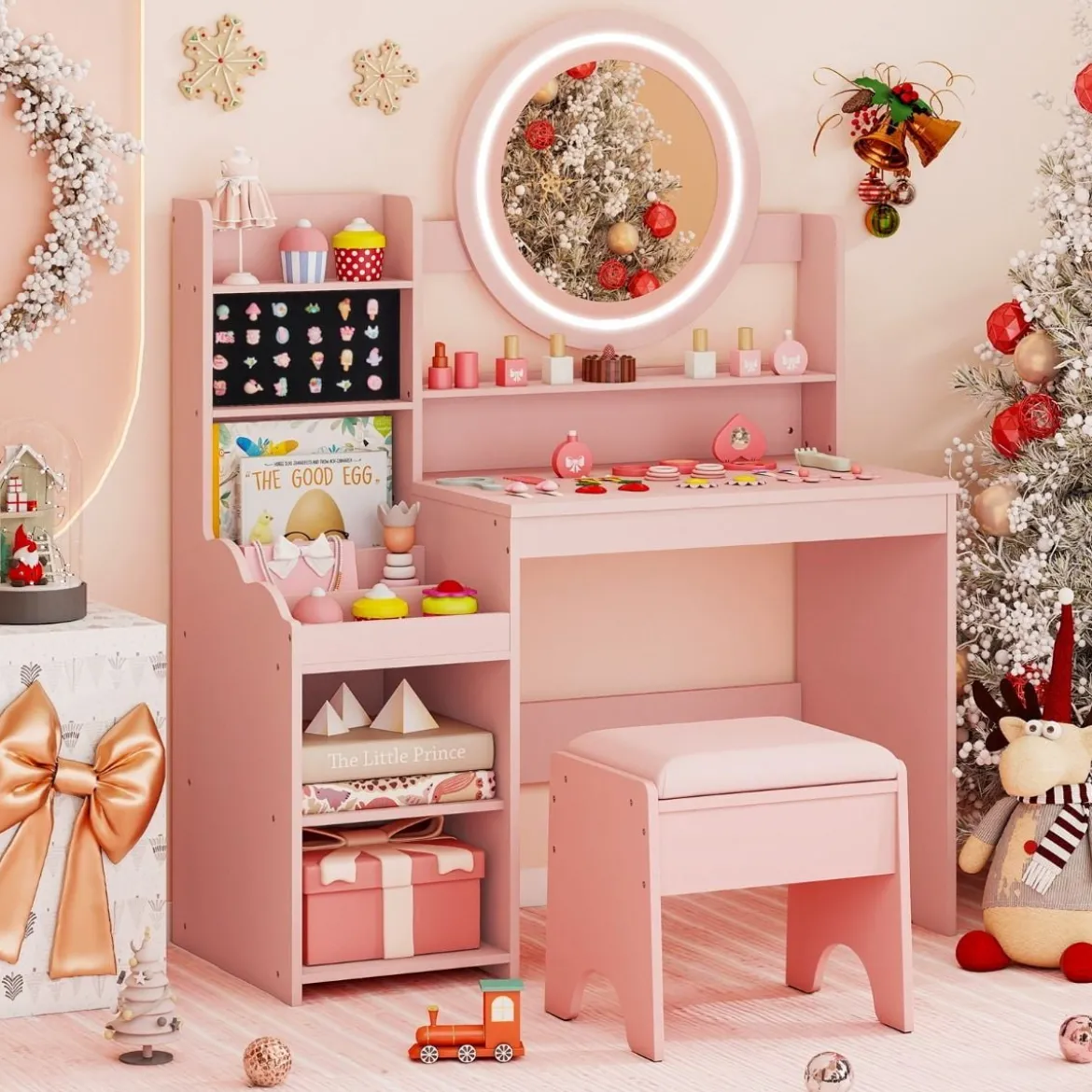 Kinder Schminktisch mit Spiegel & Licht Prinzessin Spieltisch mit Regal Ringschlitzen & gepolstertem Hocker Rosa