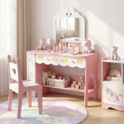 Kinderschminktisch mit Stuhl & Wolkenförmiger Spiegel Schminktisch mit 2 Schubladen Weiß