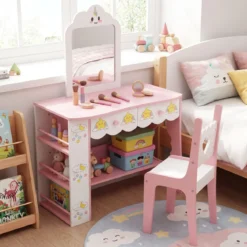 Kinderschminktisch mit Stuhl & Wolkenförmiger Spiegel Schminktisch mit 2 Schubladen Weiß