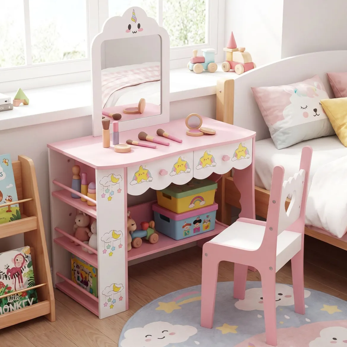 Kinderschminktisch mit Stuhl & Wolkenförmiger Spiegel Schminktisch mit 2 Schubladen Weiß