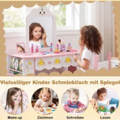 Kinderschminktisch mit Stuhl & Wolkenförmiger Spiegel Schminktisch mit 2 Schubladen Weiß