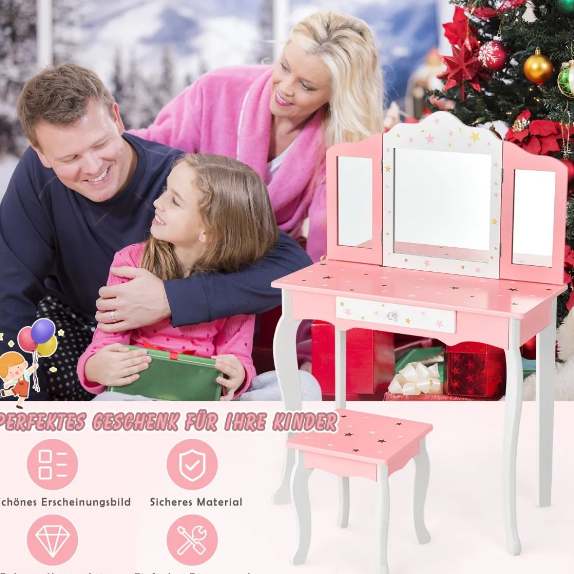 Kinder Schminktisch Prinzessin Frisiertisch mit Schublade Klappbarer Spiegel mit Schminktisch Rosa