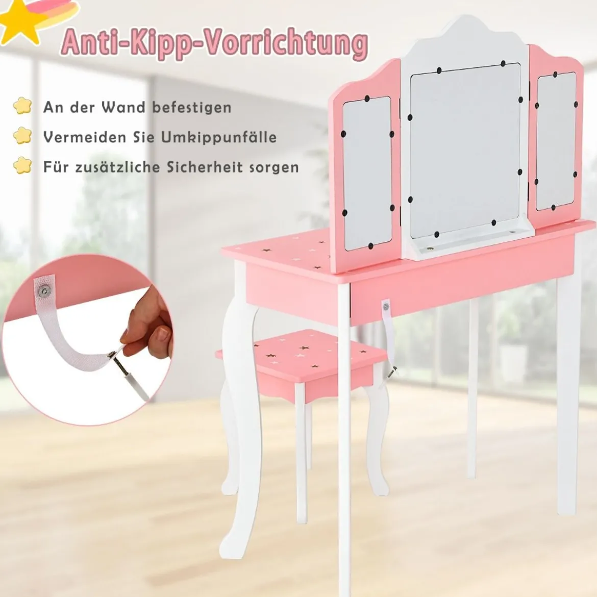 Kinder Schminktisch Prinzessin Frisiertisch mit Schublade Klappbarer Spiegel mit Schminktisch Rosa