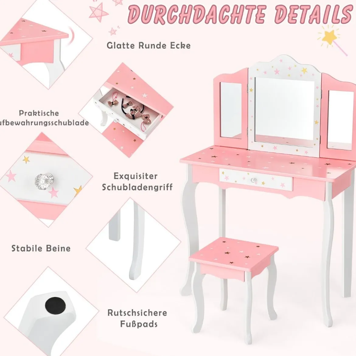 Kinder Schminktisch Prinzessin Frisiertisch mit Schublade Klappbarer Spiegel mit Schminktisch Rosa