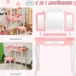 Kinder Schminktisch Prinzessin Frisiertisch mit Schublade Klappbarer Spiegel mit Schminktisch Rosa