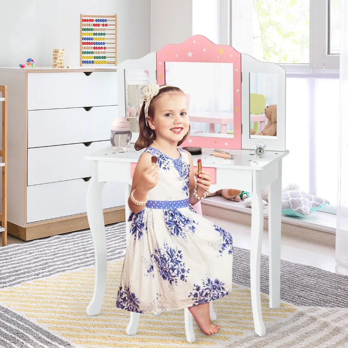 Kinder Schminktisch Prinzessin Frisiertisch mit Schublade Klappbarer Spiegel mit Schminktisch Weiß
