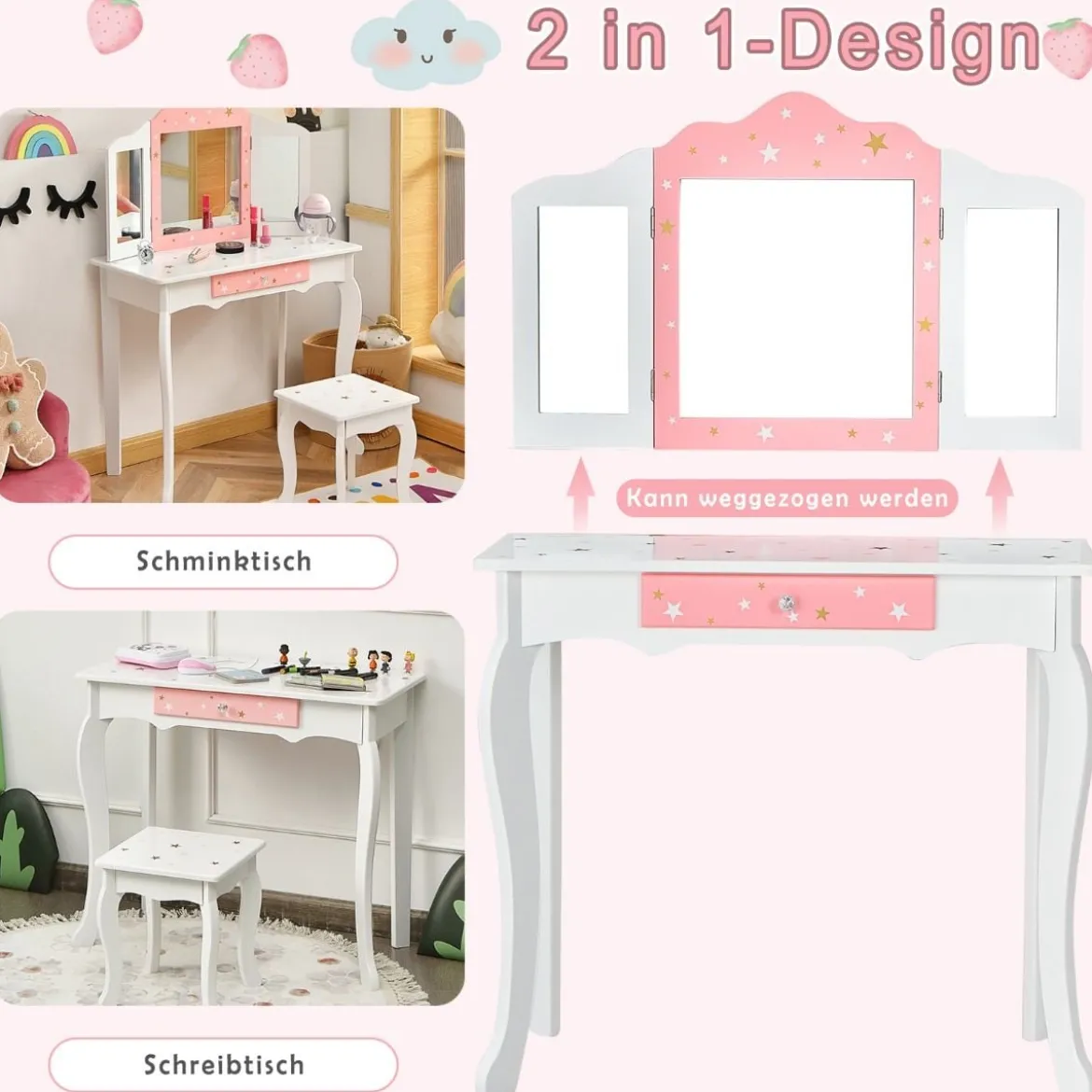 Kinder Schminktisch Prinzessin Frisiertisch mit Schublade Klappbarer Spiegel mit Schminktisch Weiß
