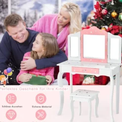 Kinder Schminktisch Prinzessin Frisiertisch mit Schublade Klappbarer Spiegel mit Schminktisch Weiß