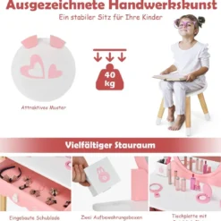 Kinder Schminktisch Schminkkommode mit Hocker Frisiertisch mit Spiegel 60 x 34 x 103 cm Rosa