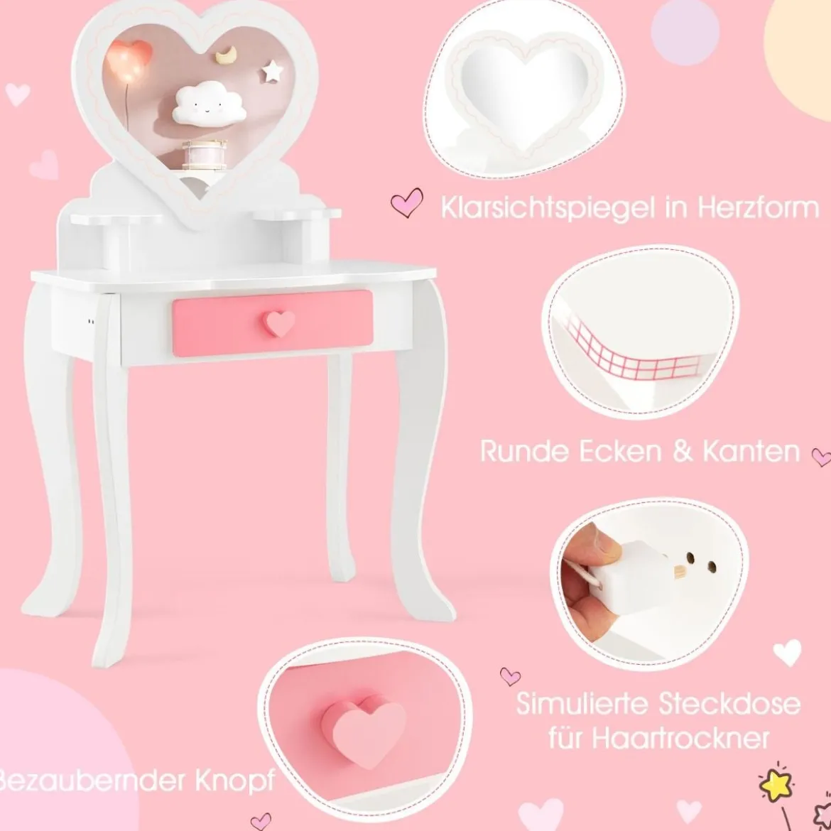 Kinder Schminktisch Set mit ♡Herzförmigem Spiegel & Hocker & Schublade & Zubehör