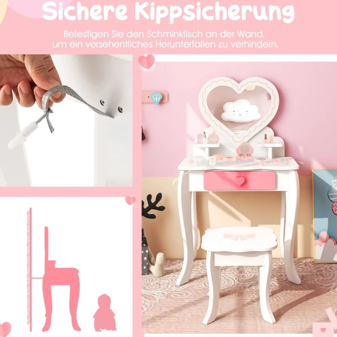 Kinder Schminktisch Set mit ♡Herzförmigem Spiegel & Hocker & Schublade & Zubehör