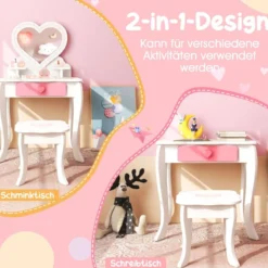 Kinder Schminktisch Set mit ♡Herzförmigem Spiegel & Hocker & Schublade & Zubehör