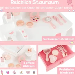 Kinder Schminktisch Set mit ♡Herzförmigem Spiegel & Hocker & Schublade & Zubehör