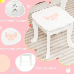 Kinder Schminktisch Set mit ♡Herzförmigem Spiegel & Hocker & Schublade & Zubehör