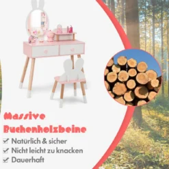 Kinder Schminktisch Set mit Kaninchen Design Schminkset mit Massivholzbeinen