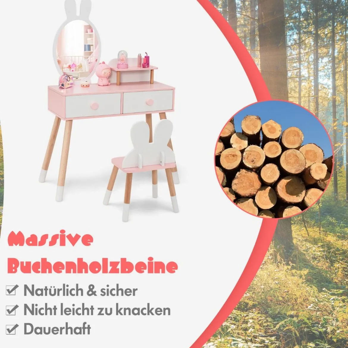 Kinder Schminktisch Set mit Kaninchen Design Schminkset mit Massivholzbeinen