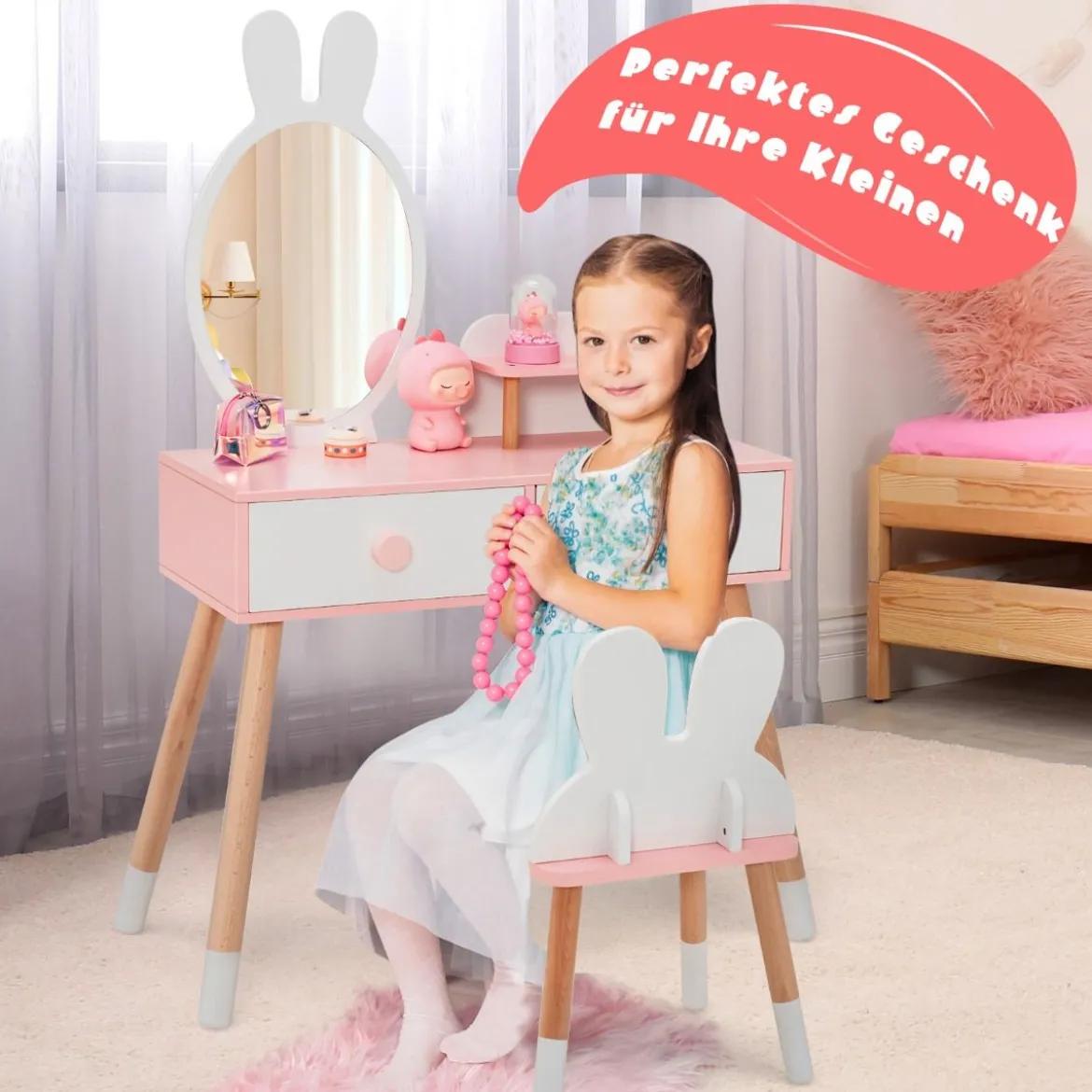 Kinder Schminktisch Set mit Kaninchen Design Schminkset mit Massivholzbeinen