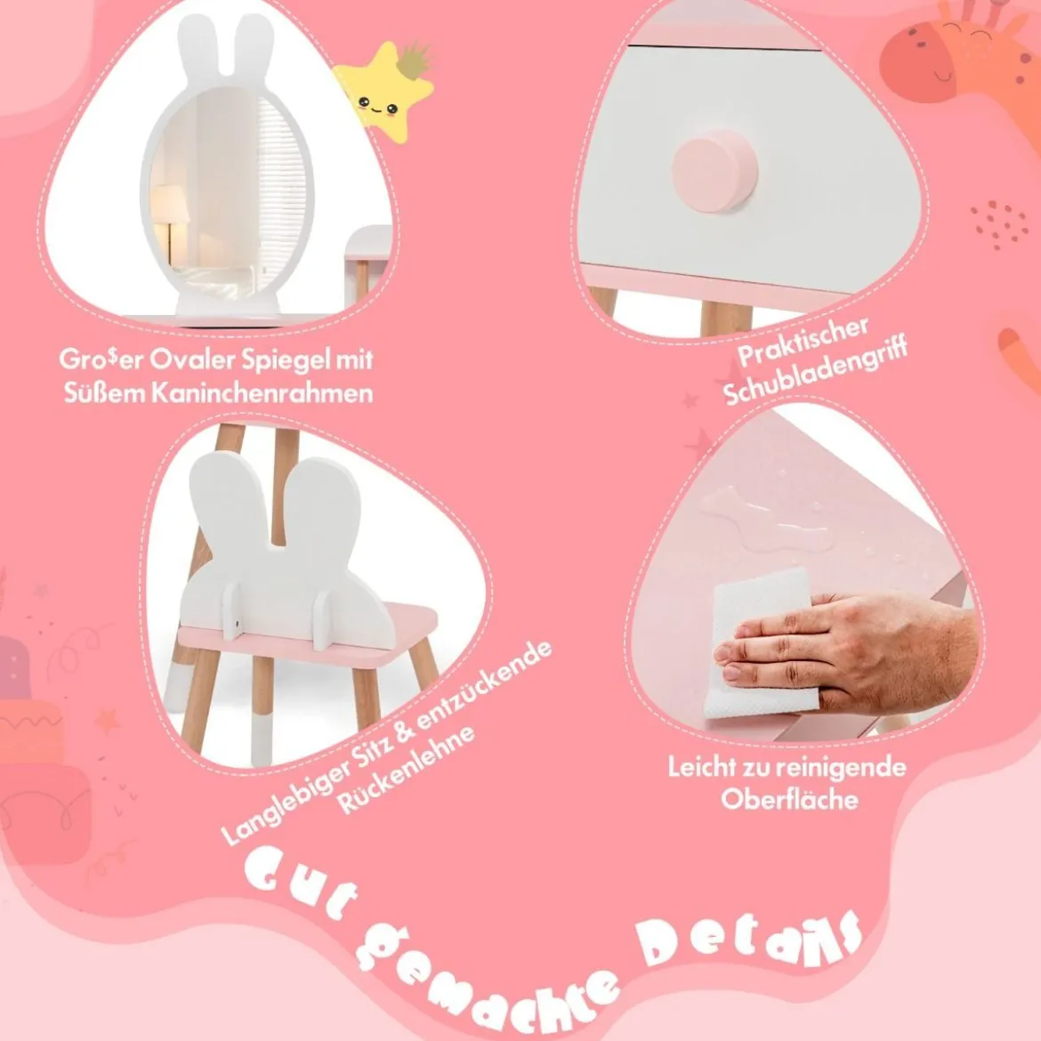 Kinder Schminktisch Set mit Kaninchen Design Schminkset mit Massivholzbeinen