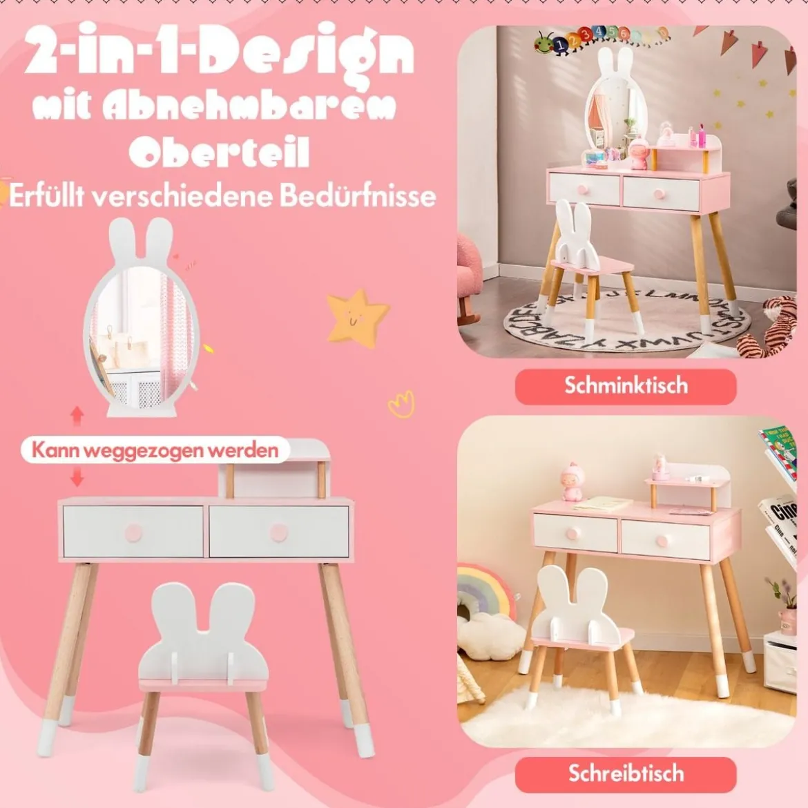Kinder Schminktisch Set mit Kaninchen Design Schminkset mit Massivholzbeinen