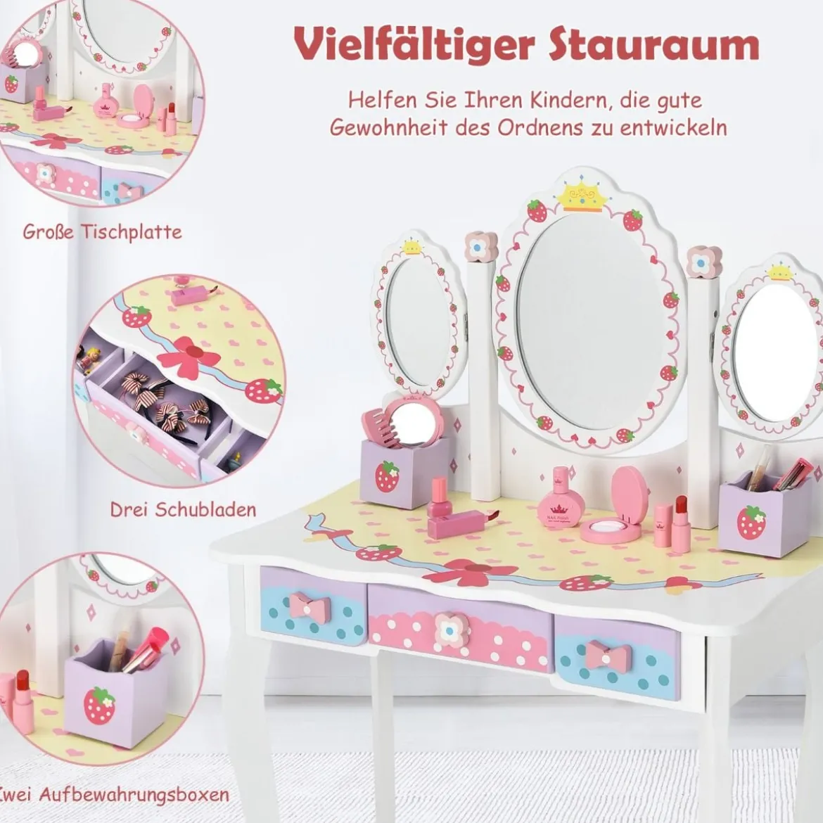 Kinderschminktisch Set Prinzessin Frisiertisch mit Klappbarem Spiegel 70 x 34 x 105 cm Weiß