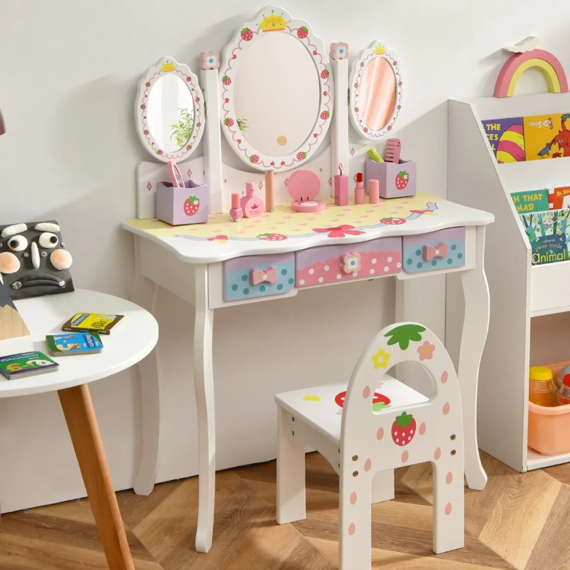 Kinderschminktisch Set Prinzessin Frisiertisch mit Klappbarem Spiegel 70 x 34 x 105 cm Weiß