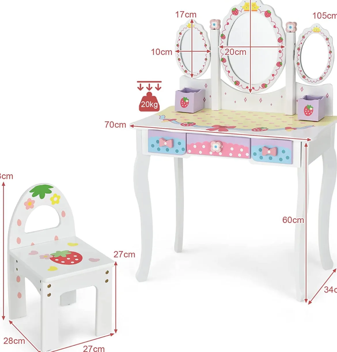 Kinderschminktisch Set Prinzessin Frisiertisch mit Klappbarem Spiegel 70 x 34 x 105 cm Weiß